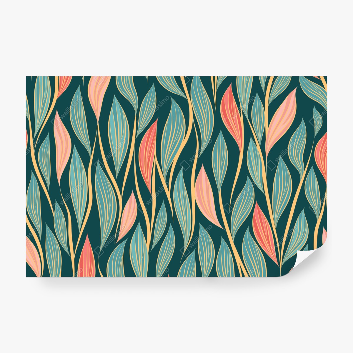 Fototapeta botaniczny wzór liści w turkusie i koralu – Wallissimo® Fototapeta botaniczny wzór liści w turkusie i koralu – Wallissimo®