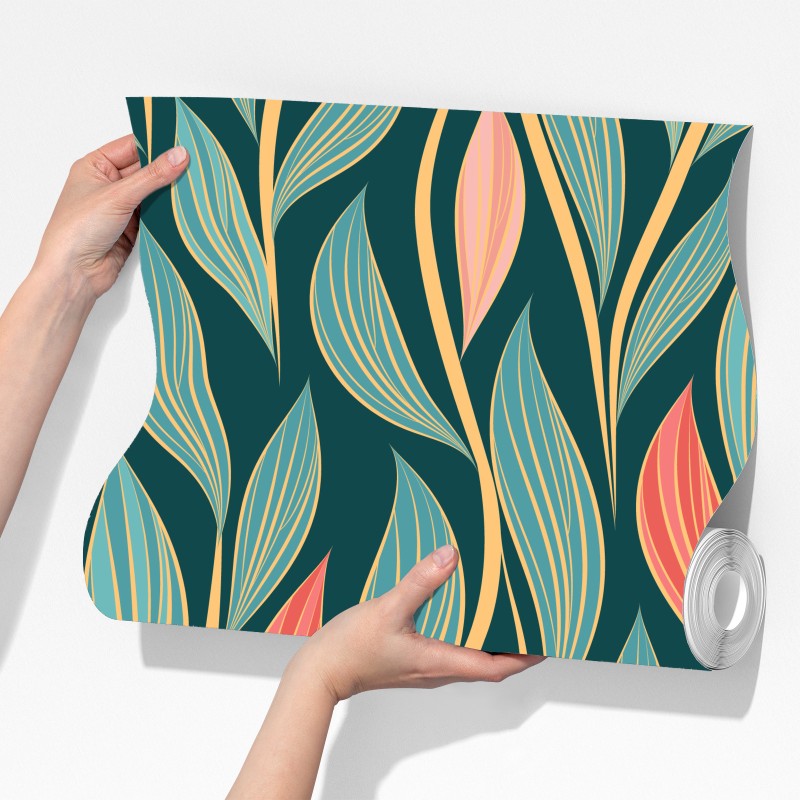 Fototapeta botaniczny wzór liści w turkusie i koralu – Wallissimo® Fototapeta botaniczny wzór liści w turkusie i koralu – Wallissimo®