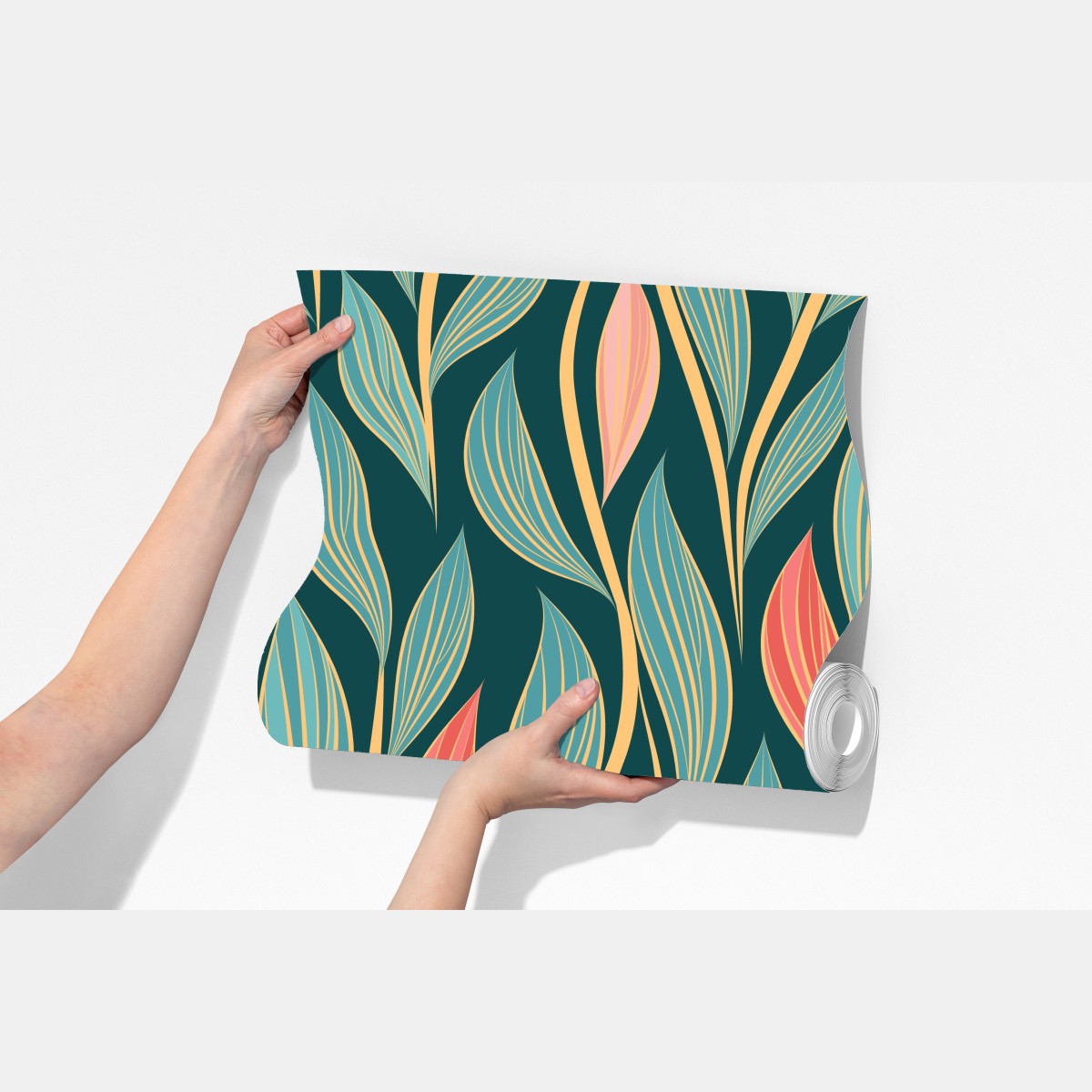 Fototapeta botaniczny wzór liści w turkusie i koralu – Wallissimo® Fototapeta botaniczny wzór liści w turkusie i koralu – Wallissimo®