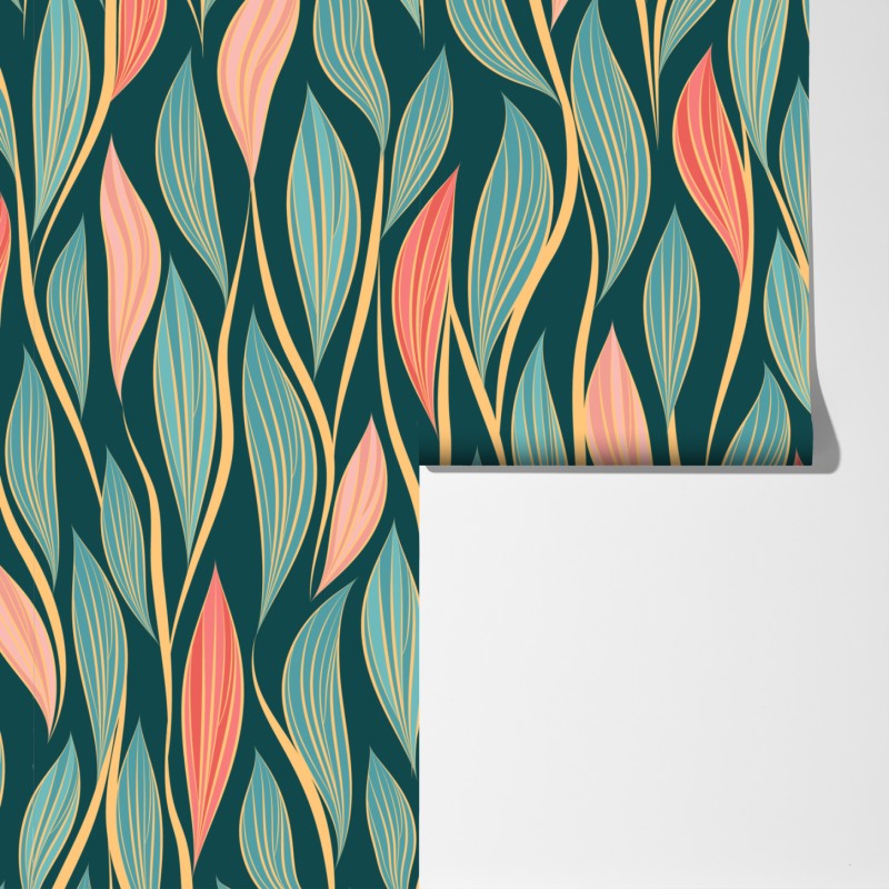 Fototapeta botaniczny wzór liści w turkusie i koralu – Wallissimo® Fototapeta botaniczny wzór liści w turkusie i koralu – Wallissimo®