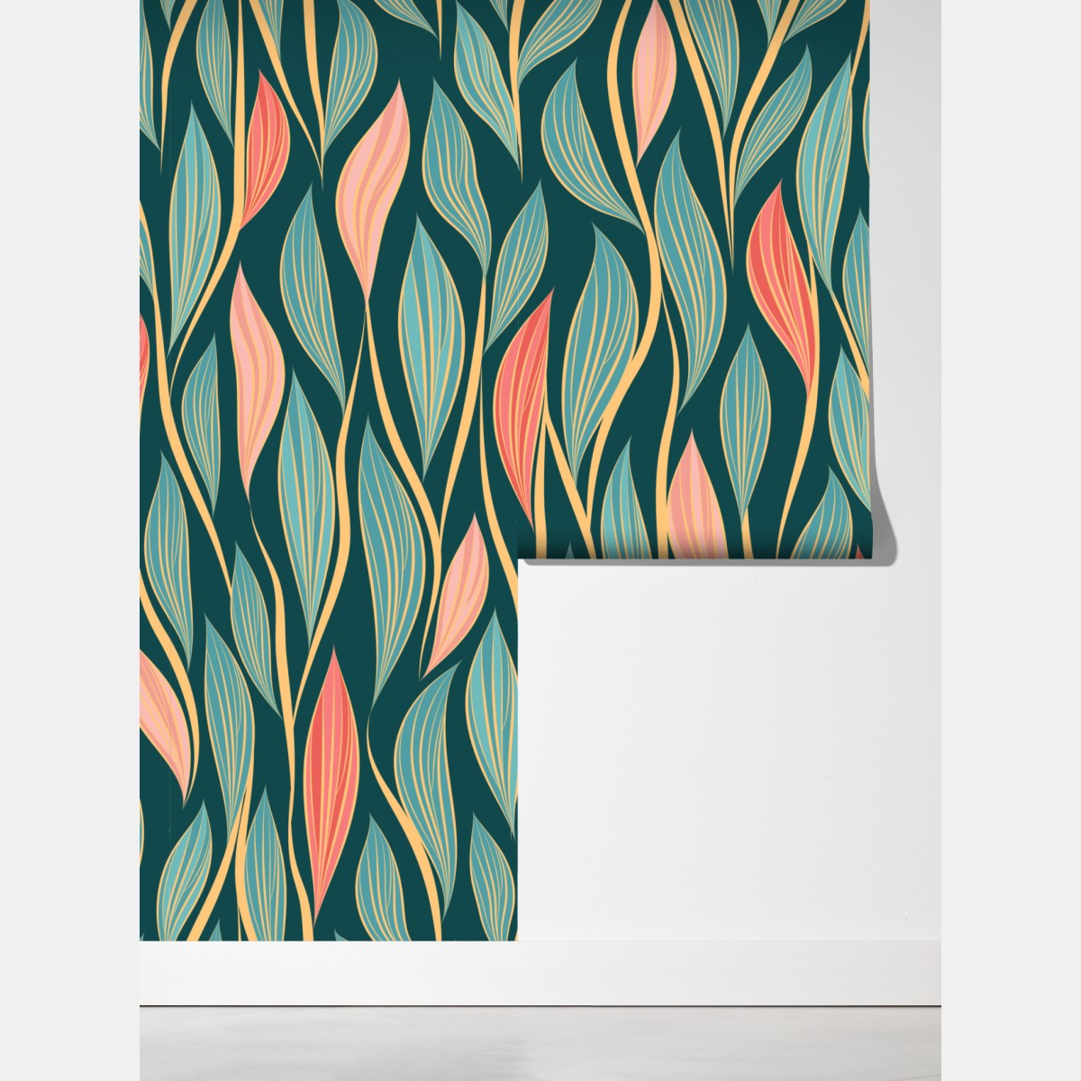 Fototapeta botaniczny wzór liści w turkusie i koralu – Wallissimo® Fototapeta botaniczny wzór liści w turkusie i koralu – Wallissimo®