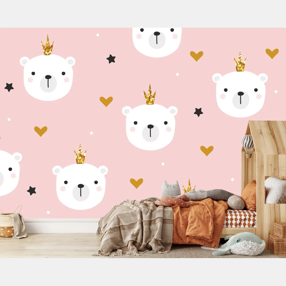 Fototapeta słodki wzór z niedźwiedziami w koronach do pokoju dziecka – Wallissimo® Fototapeta słodki wzór z niedźwiedziami w koronach do pokoju dziecka – Wallissimo®