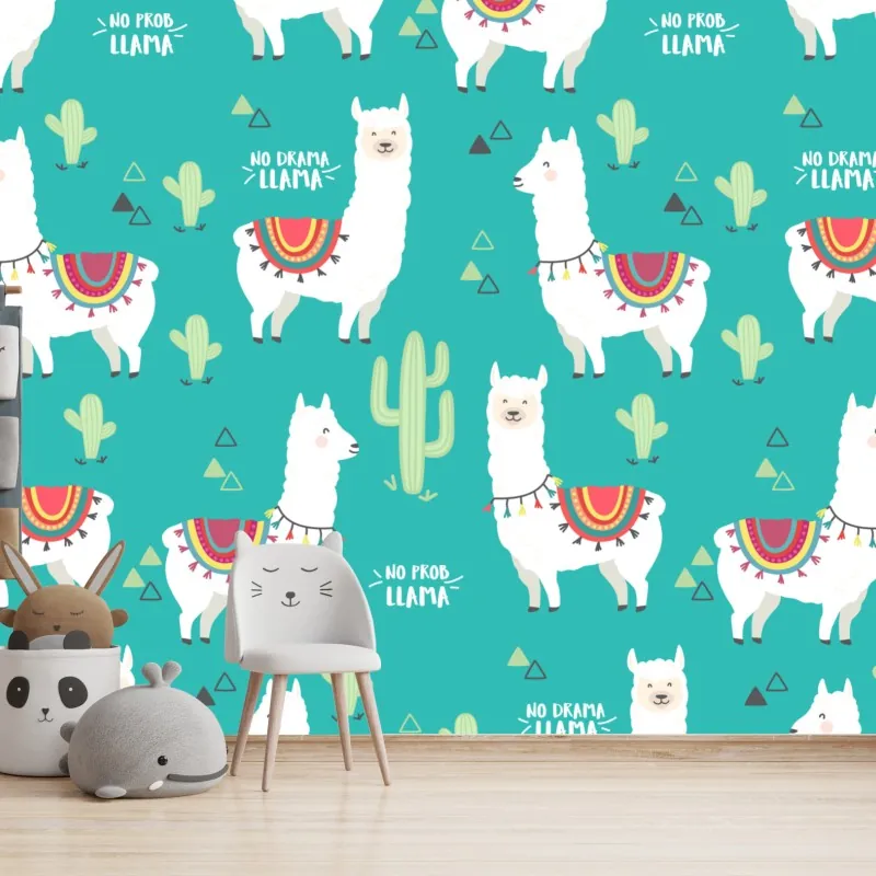 Fototapeta radosny wzór z lamami na turkusowym tle