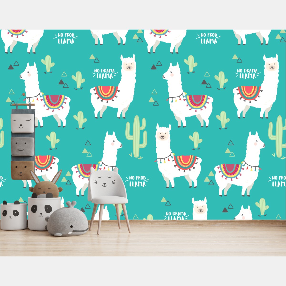Wall mural cheerful llama pattern on turquoise background