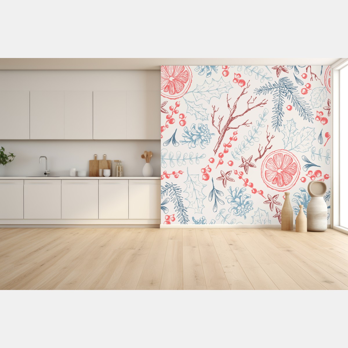 Wall mural hand-drawn winter botanicals pattern