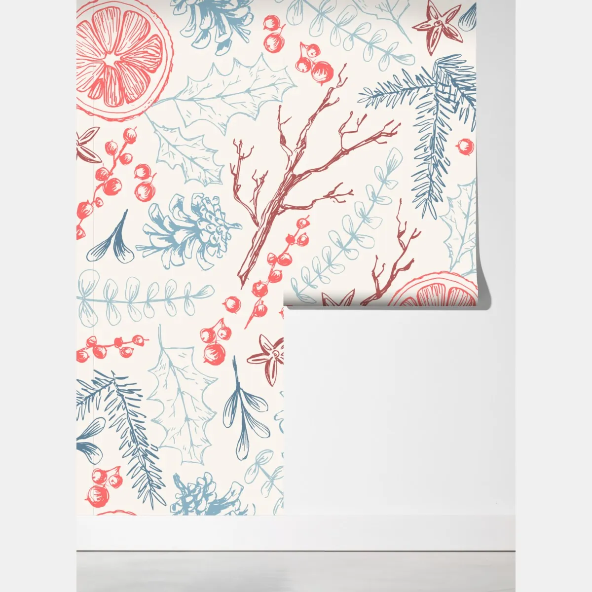 Fototapeta ręcznie rysowany zimowy wzór botaniczny – Wallissimo® Fototapeta ręcznie rysowany zimowy wzór botaniczny – Wallissimo®