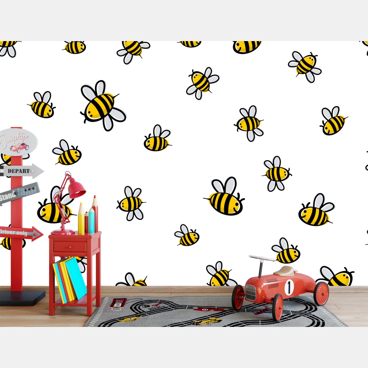 Wall mural playful bee pattern for kids room