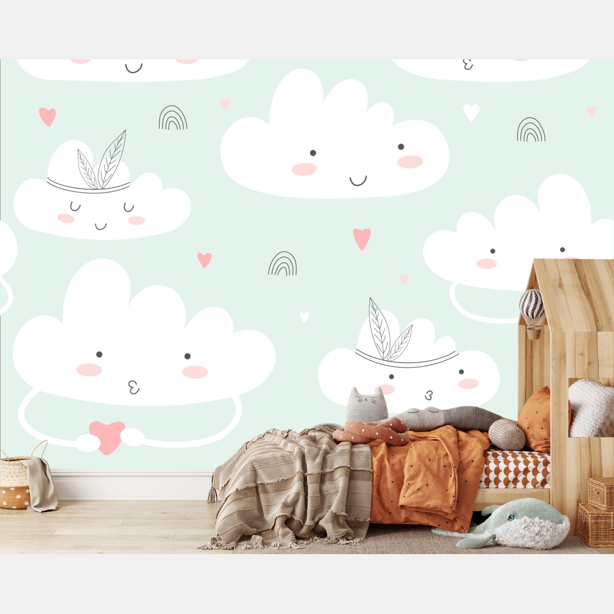Wall mural smiling clouds pastel nursery pattern