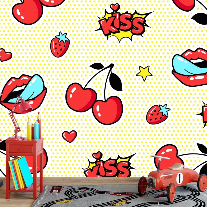 Fototapeta zabawny pop art wzór z wisienkami i całusem