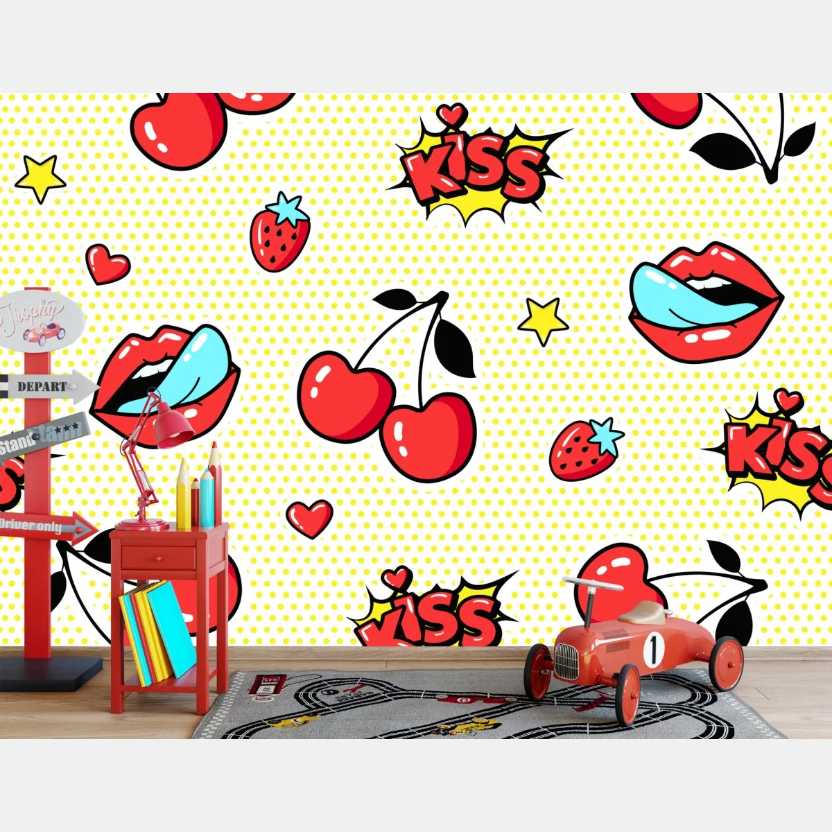 Fototapeta zabawny pop art wzór z wisienkami i całusem – Wallissimo® Fototapeta zabawny pop art wzór z wisienkami i całusem – Wallissimo®