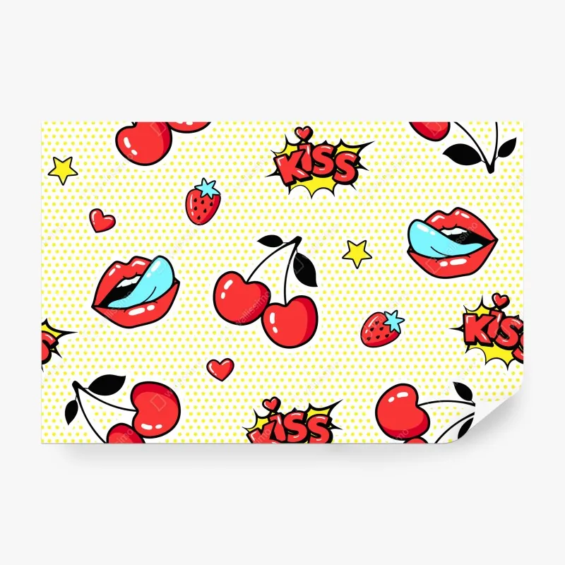 Fototapeta zabawny pop art wzór z wisienkami i całusem