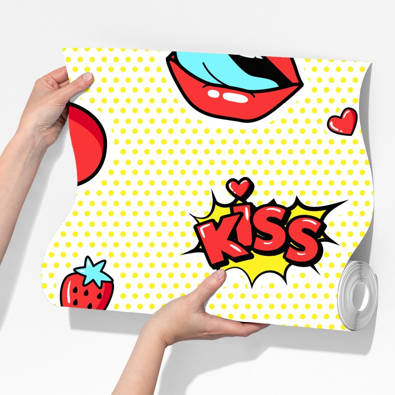 Fototapeta zabawny pop art wzór z wisienkami i całusem – Wallissimo® Fototapeta zabawny pop art wzór z wisienkami i całusem – Wallissimo®