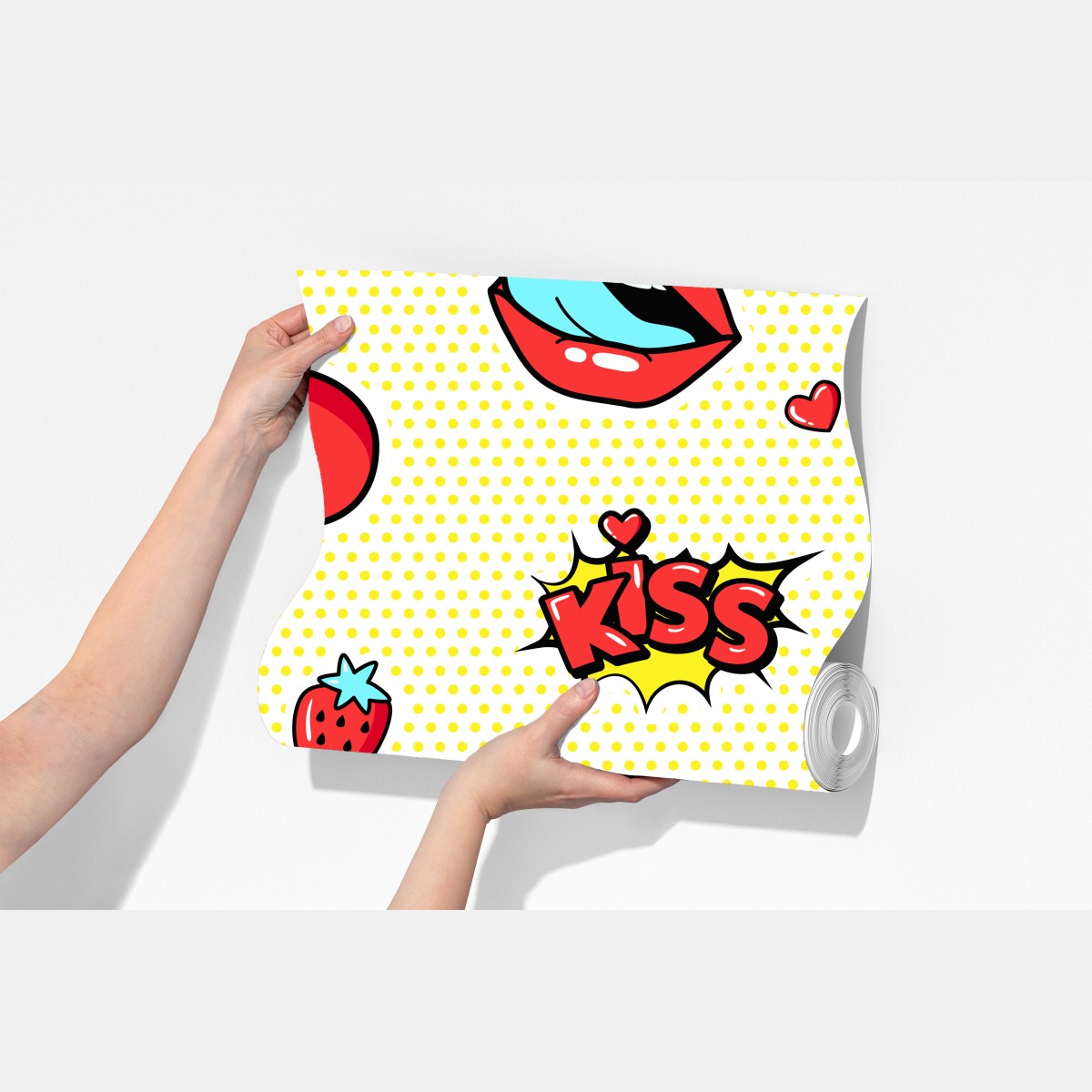 Fototapeta zabawny pop art wzór z wisienkami i całusem – Wallissimo® Fototapeta zabawny pop art wzór z wisienkami i całusem – Wallissimo®