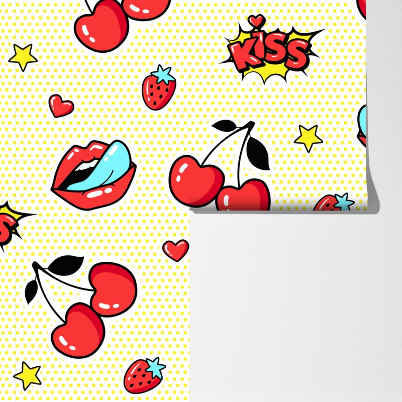 Fototapeta zabawny pop art wzór z wisienkami i całusem – Wallissimo® Fototapeta zabawny pop art wzór z wisienkami i całusem – Wallissimo®