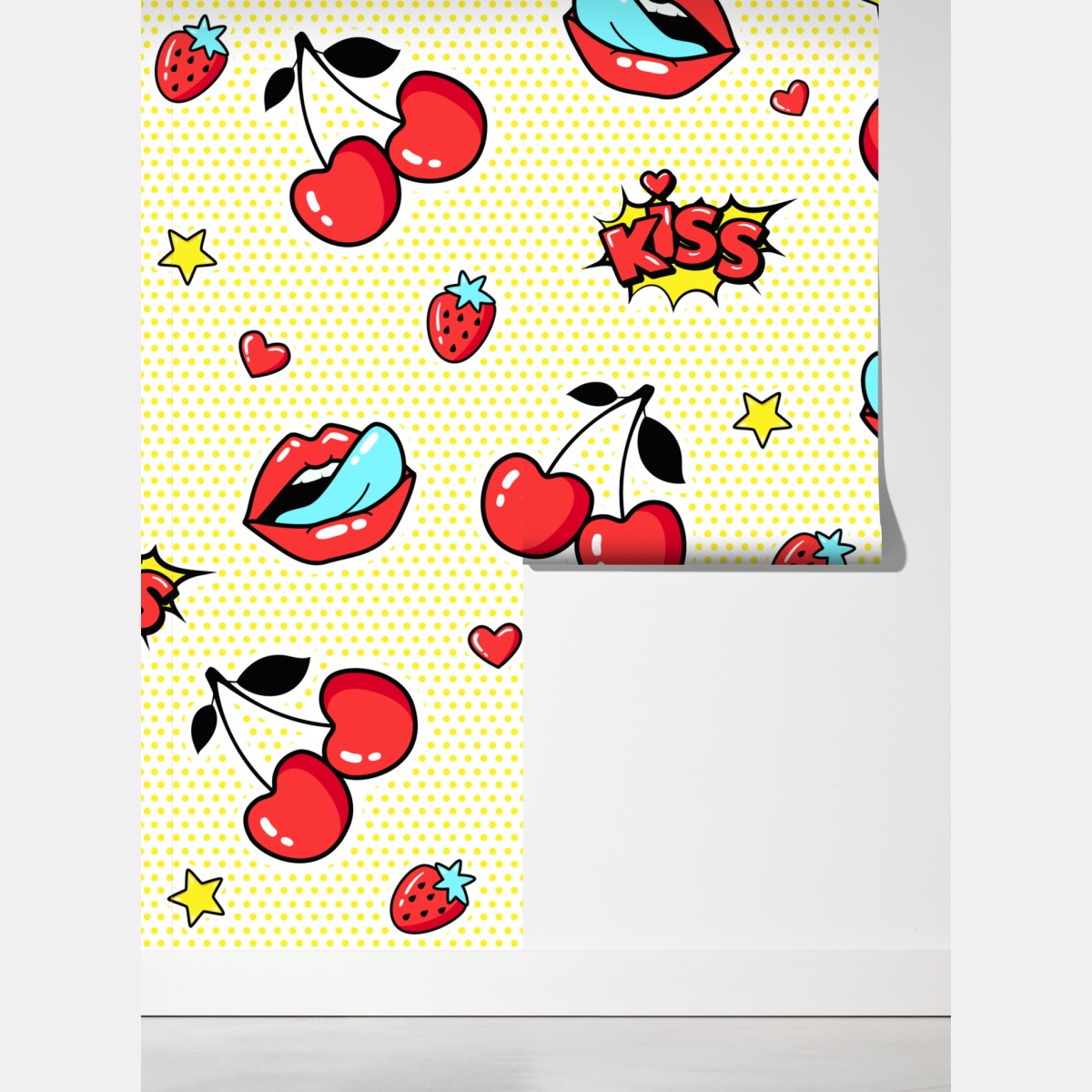 Fototapeta zabawny pop art wzór z wisienkami i całusem – Wallissimo® Fototapeta zabawny pop art wzór z wisienkami i całusem – Wallissimo®