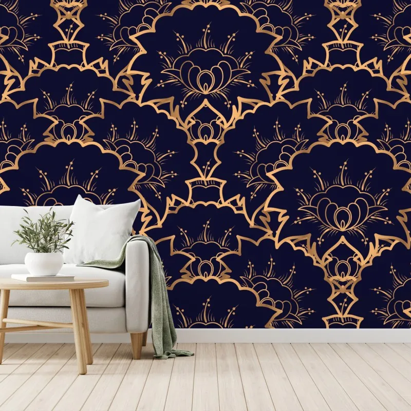 Fototapeta luksusowy złoty wzór kwiatowy na granacie