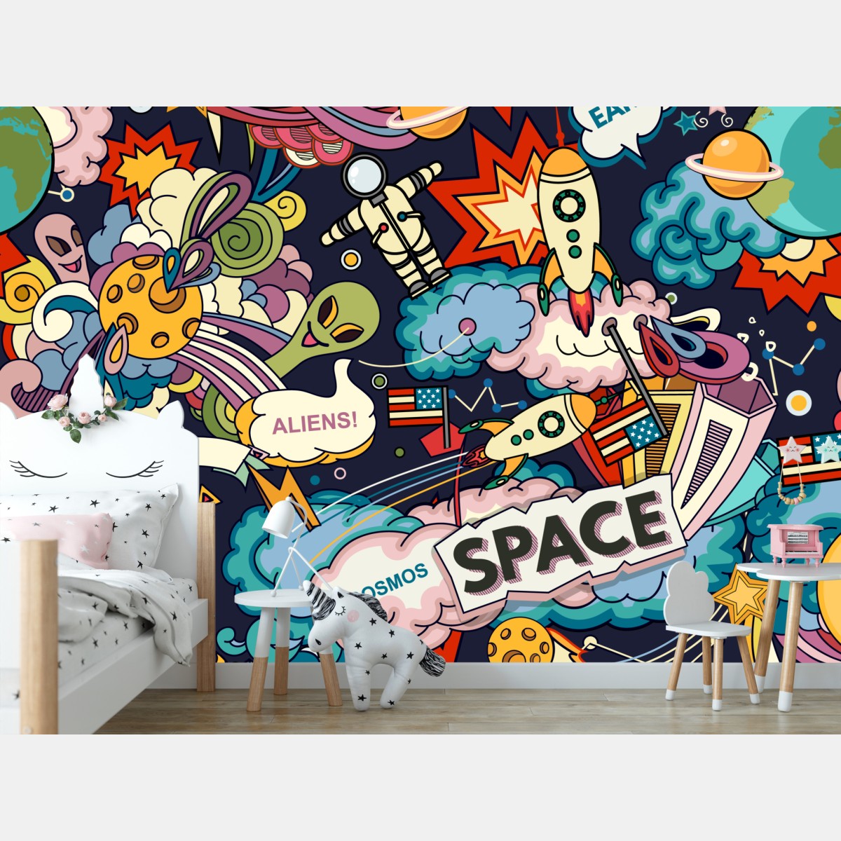 Wall mural colorful cosmic doodle space collage
