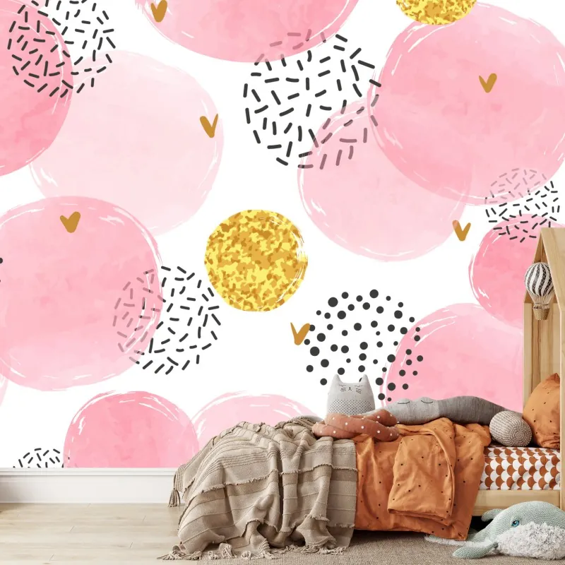 Fototapeta różowy akwarelowy wzór z okręgami i złotymi akcentami