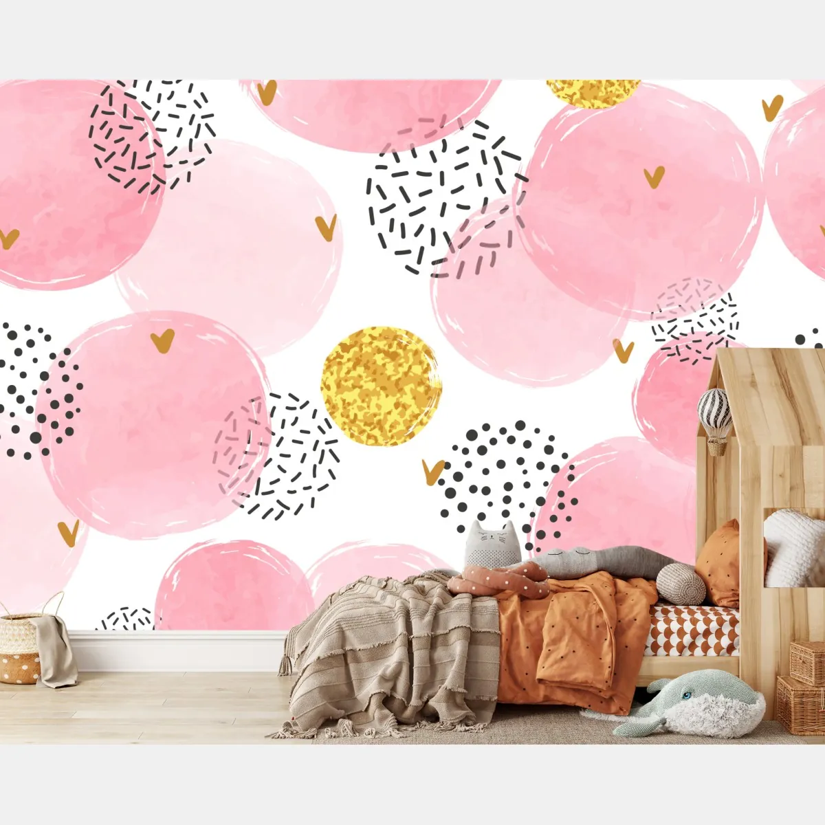 Fototapeta różowy akwarelowy wzór z okręgami i złotymi akcentami – Wallissimo® Fototapeta różowy akwarelowy wzór z okręgami i złotymi akcentami – Wallissimo®