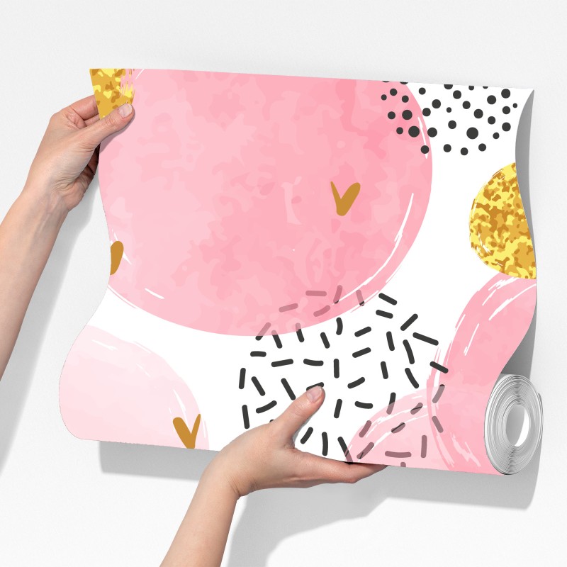 Fototapeta różowy akwarelowy wzór z okręgami i złotymi akcentami – Wallissimo® Fototapeta różowy akwarelowy wzór z okręgami i złotymi akcentami – Wallissimo®