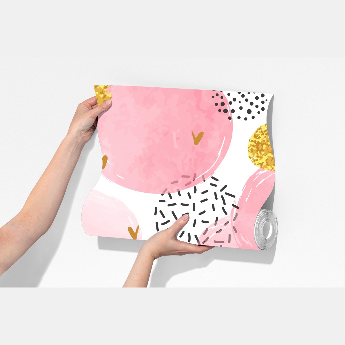 Fototapeta różowy akwarelowy wzór z okręgami i złotymi akcentami – Wallissimo® Fototapeta różowy akwarelowy wzór z okręgami i złotymi akcentami – Wallissimo®