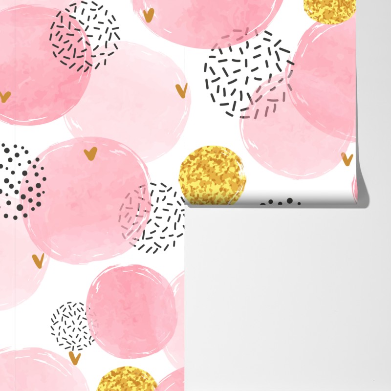 Fototapeta różowy akwarelowy wzór z okręgami i złotymi akcentami – Wallissimo® Fototapeta różowy akwarelowy wzór z okręgami i złotymi akcentami – Wallissimo®
