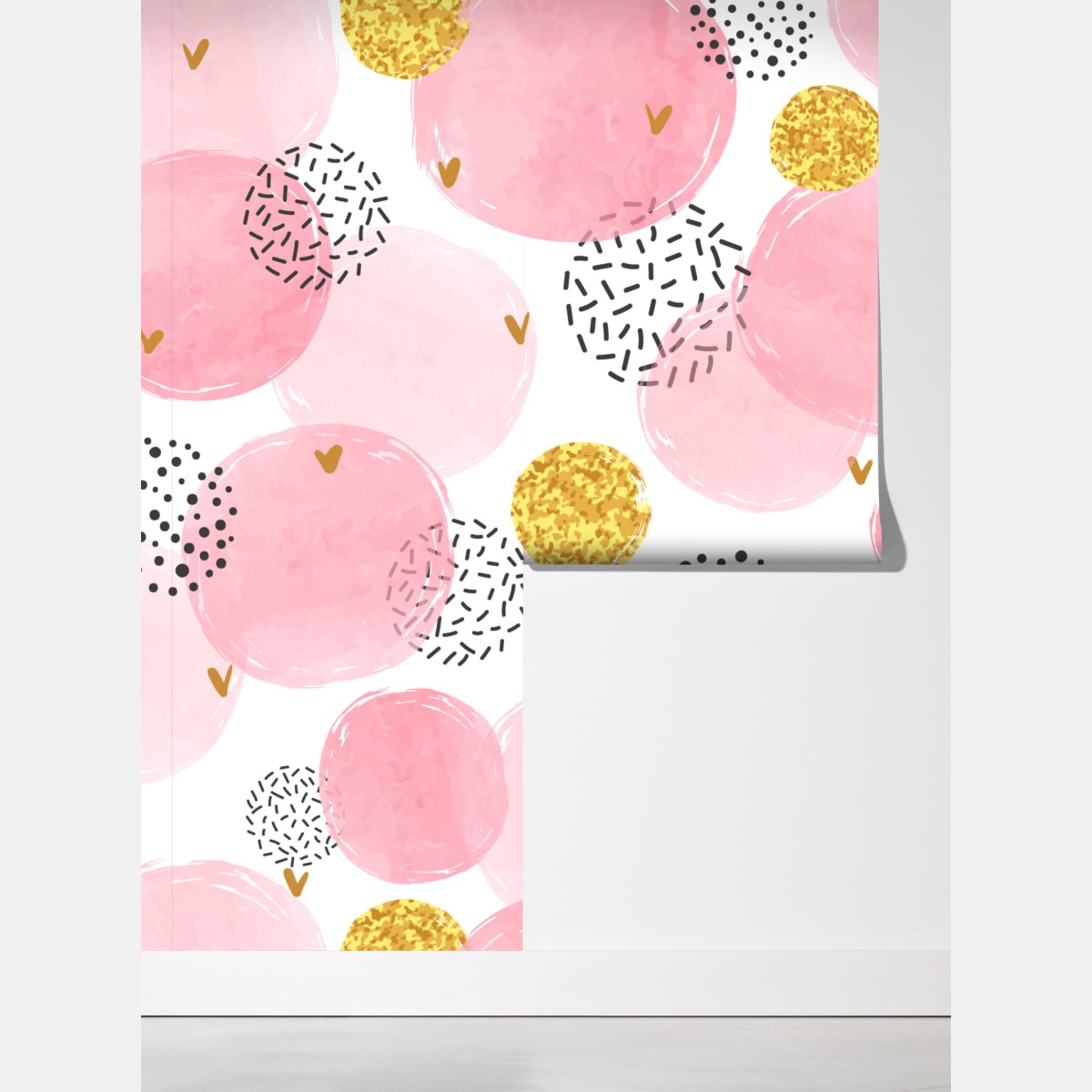 Fototapeta różowy akwarelowy wzór z okręgami i złotymi akcentami – Wallissimo® Fototapeta różowy akwarelowy wzór z okręgami i złotymi akcentami – Wallissimo®