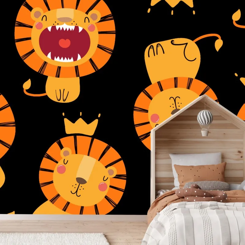 Fototapeta wesoły wzór lwów na czarnym tle