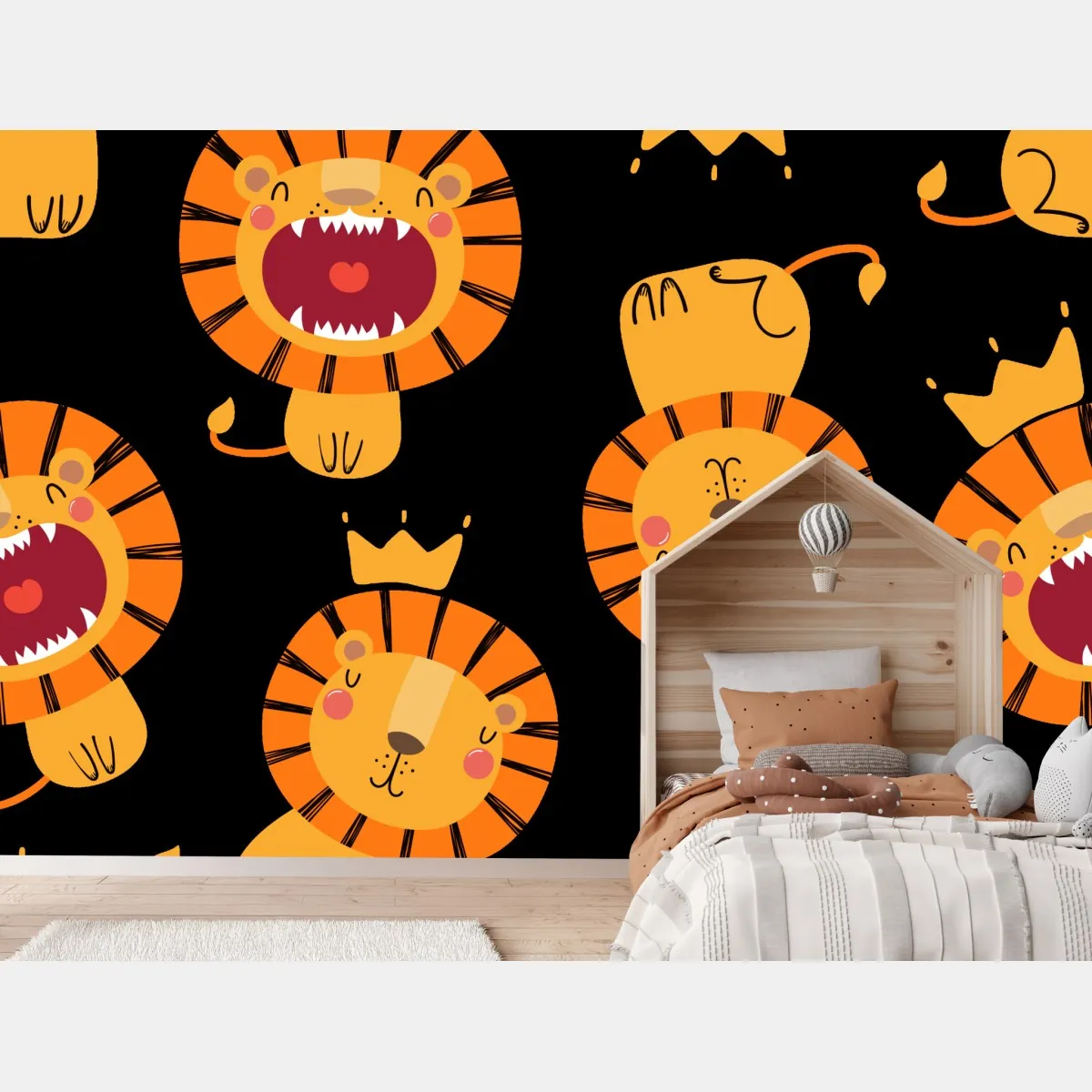 Fototapeta wesoły wzór lwów na czarnym tle – Wallissimo® Fototapeta wesoły wzór lwów na czarnym tle – Wallissimo®