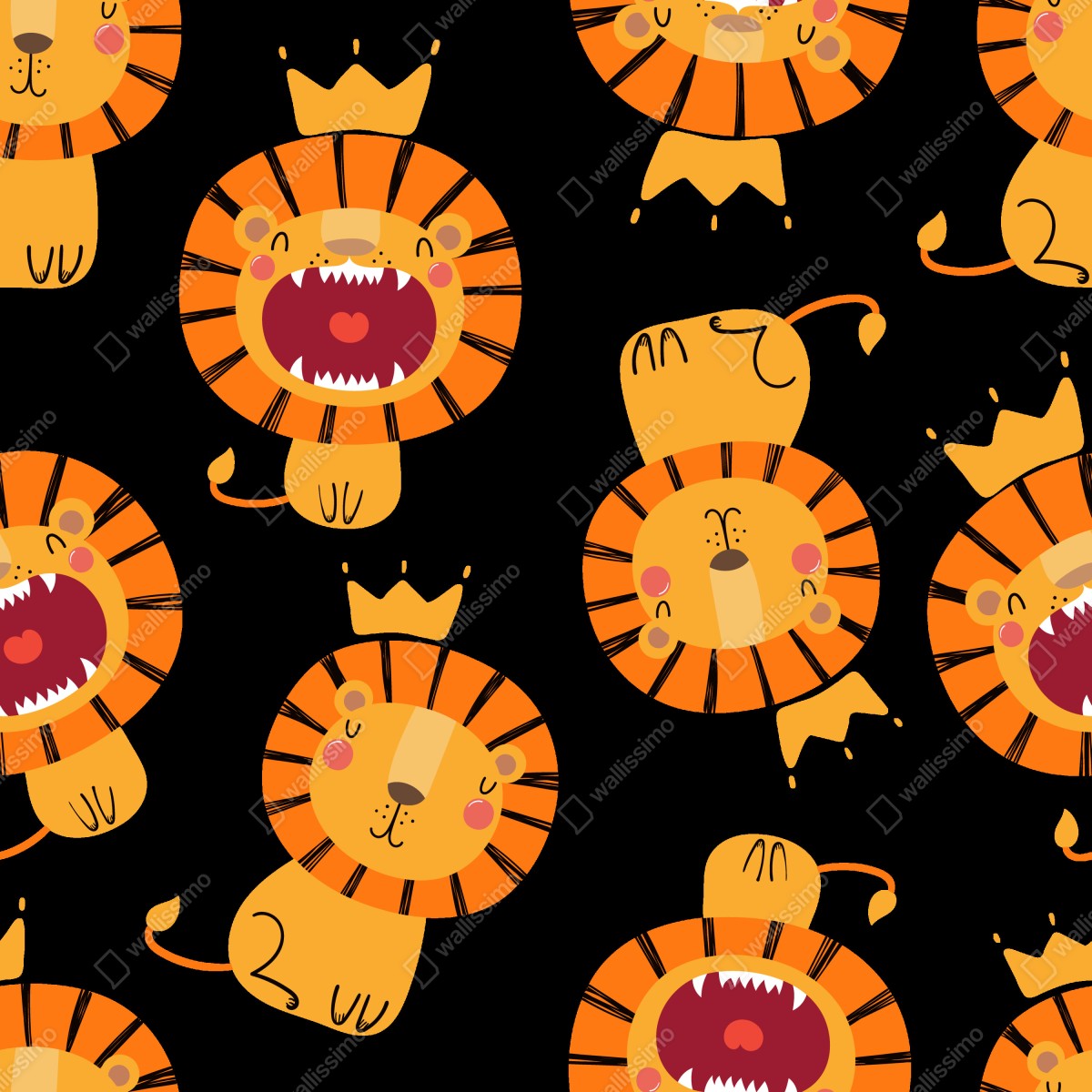 Fototapeta wesoły wzór lwów na czarnym tle – Wallissimo® Fototapeta wesoły wzór lwów na czarnym tle – Wallissimo®