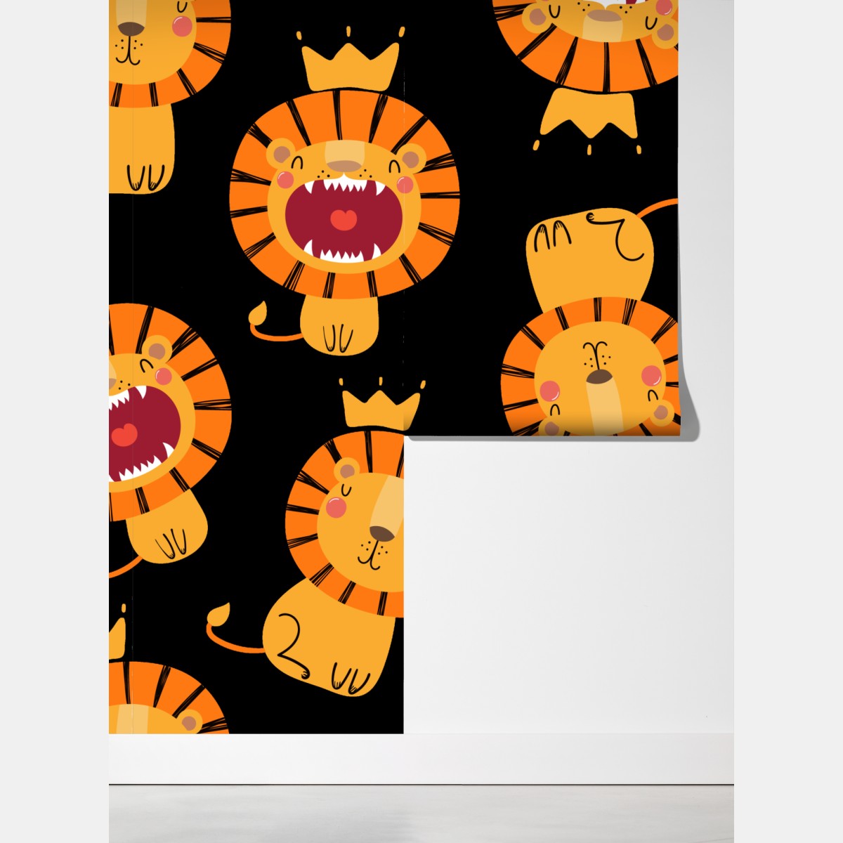 Fototapeta wesoły wzór lwów na czarnym tle – Wallissimo® Fototapeta wesoły wzór lwów na czarnym tle – Wallissimo®