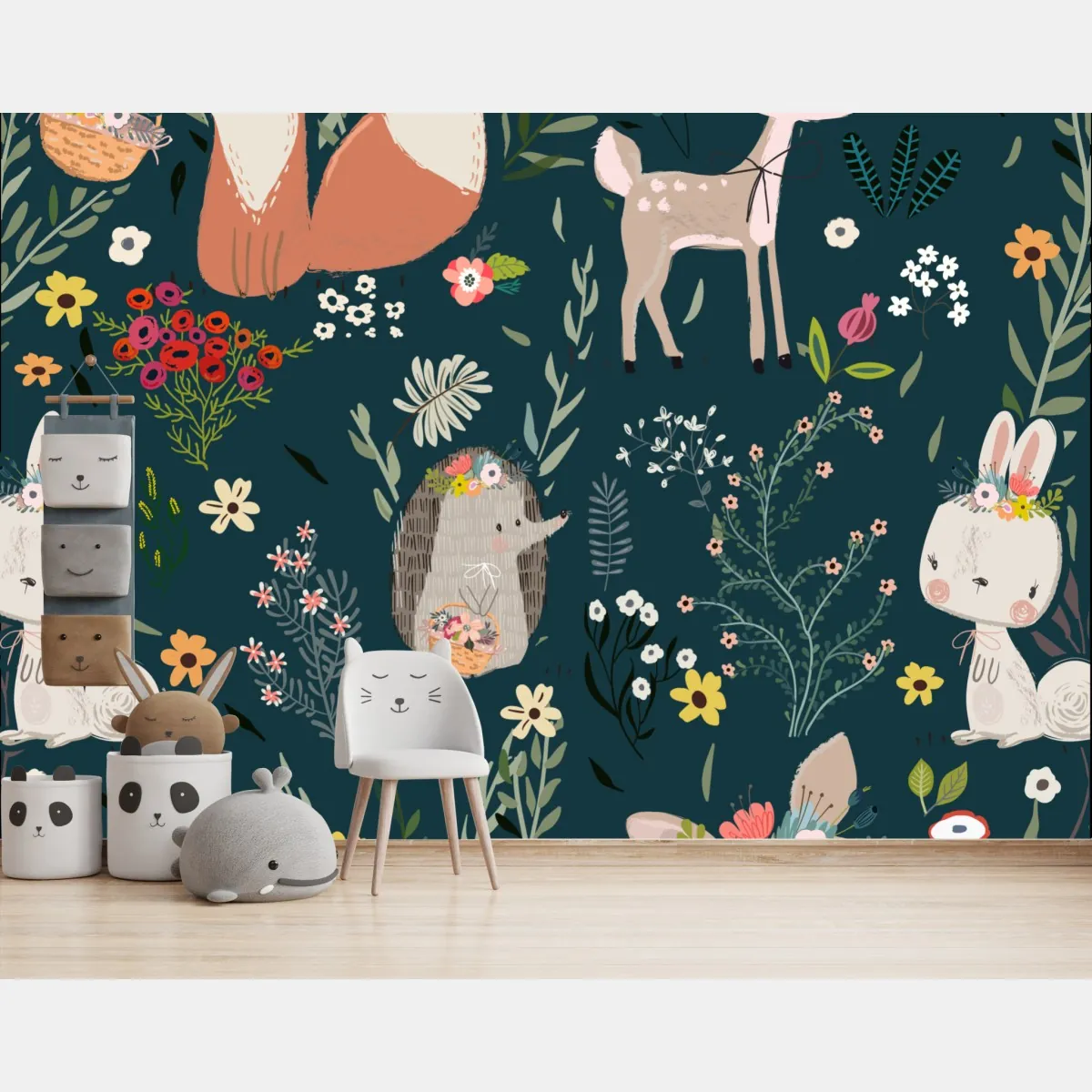 Fototapeta leśni przyjaciele - kwiatowy wzór do pokoju dziecięcego – Wallissimo® Fototapeta leśni przyjaciele - kwiatowy wzór do pokoju dziecięcego – Wallissimo®