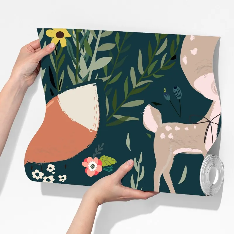 Fototapeta leśni przyjaciele - kwiatowy wzór do pokoju dziecięcego – Wallissimo® Fototapeta leśni przyjaciele - kwiatowy wzór do pokoju dziecięcego – Wallissimo®