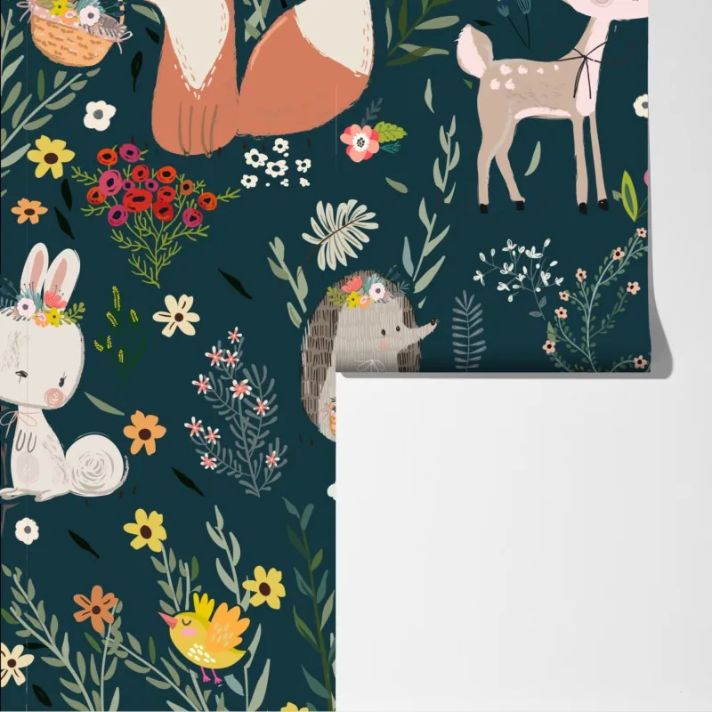 Fototapeta leśni przyjaciele - kwiatowy wzór do pokoju dziecięcego – Wallissimo® Fototapeta leśni przyjaciele - kwiatowy wzór do pokoju dziecięcego – Wallissimo®