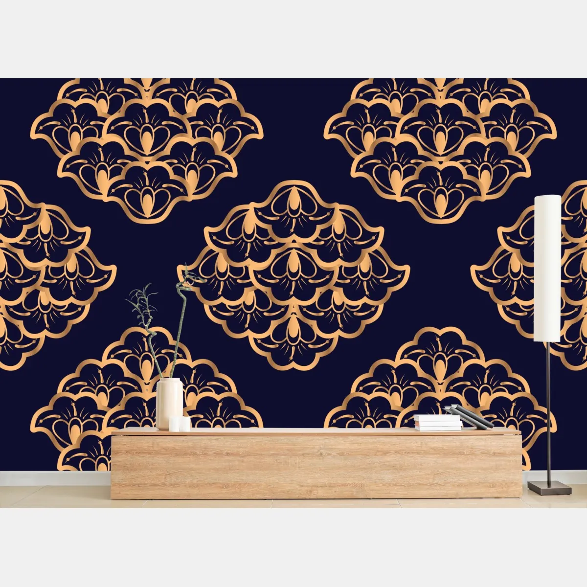 Fototapeta złoty wzór damaskowy na granatowym tle – Wallissimo® Fototapeta złoty wzór damaskowy na granatowym tle – Wallissimo®