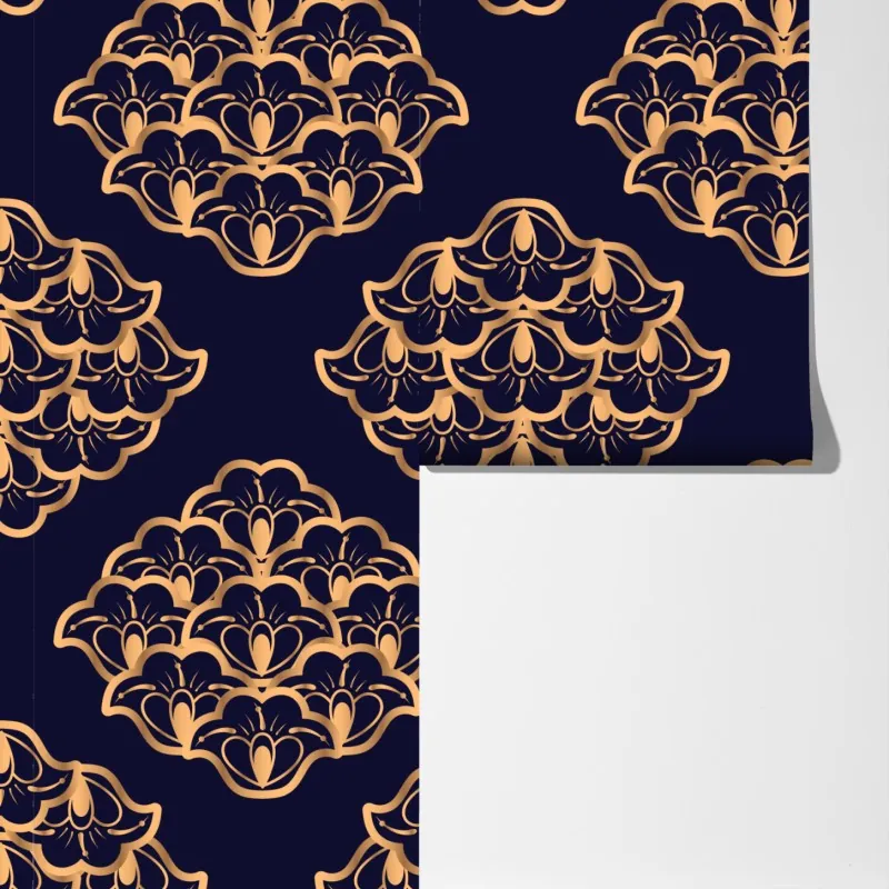 Fototapeta złoty wzór damaskowy na granatowym tle – Wallissimo® Fototapeta złoty wzór damaskowy na granatowym tle – Wallissimo®