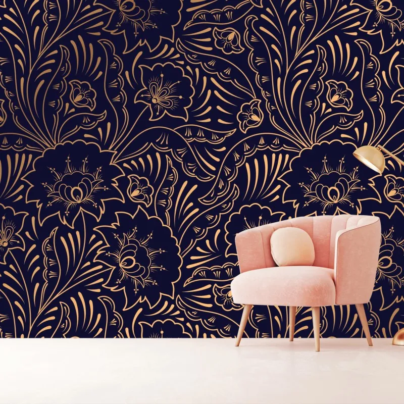 Fototapeta złoty kwiatowy ornament na granatowym tle