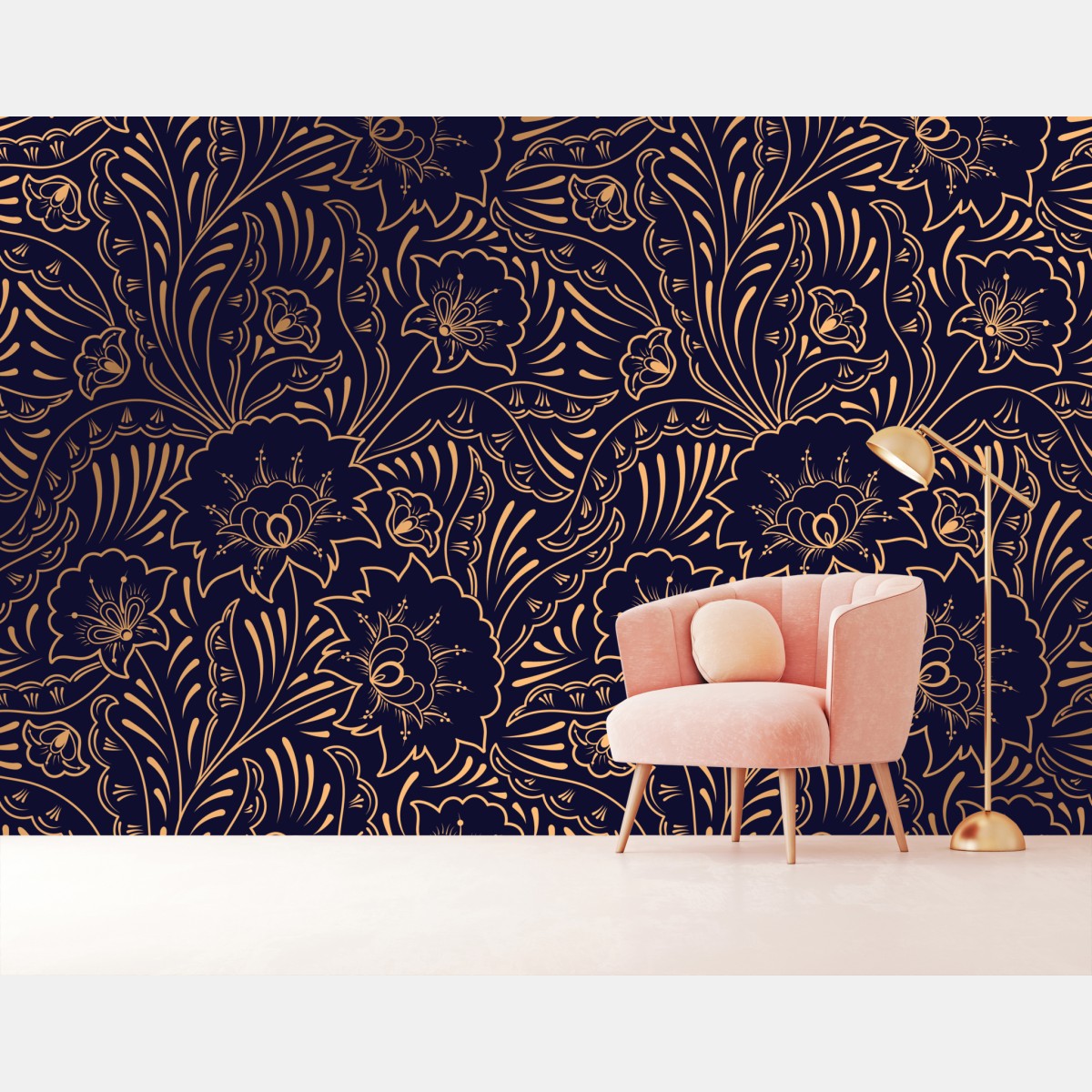 Wall mural gold floral ornamental pattern on navy background