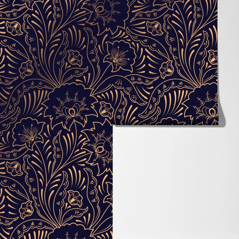 Fototapeta złoty kwiatowy ornament na granatowym tle – Wallissimo® Fototapeta złoty kwiatowy ornament na granatowym tle – Wallissimo®