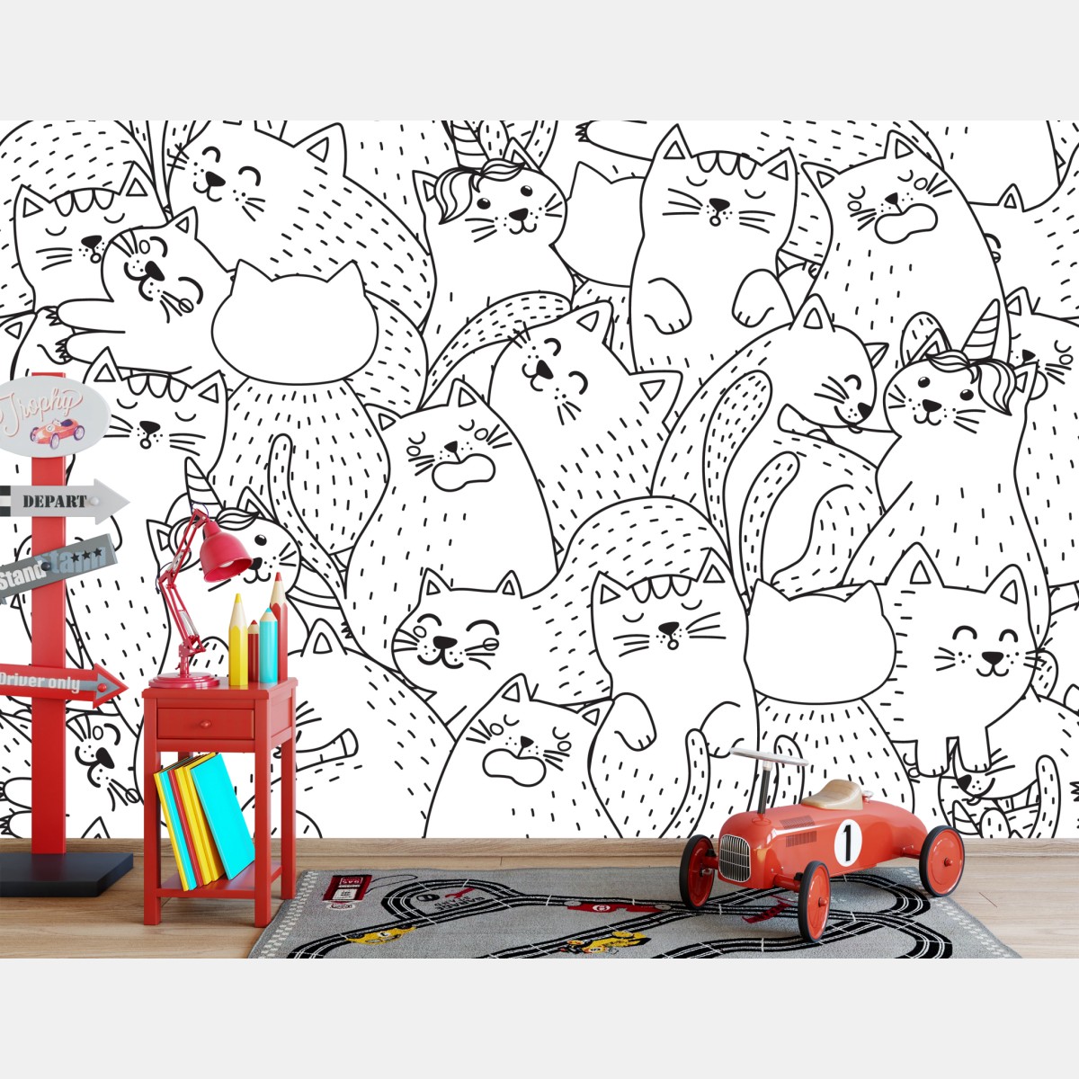 Wall mural hand-drawn cat doodles pattern