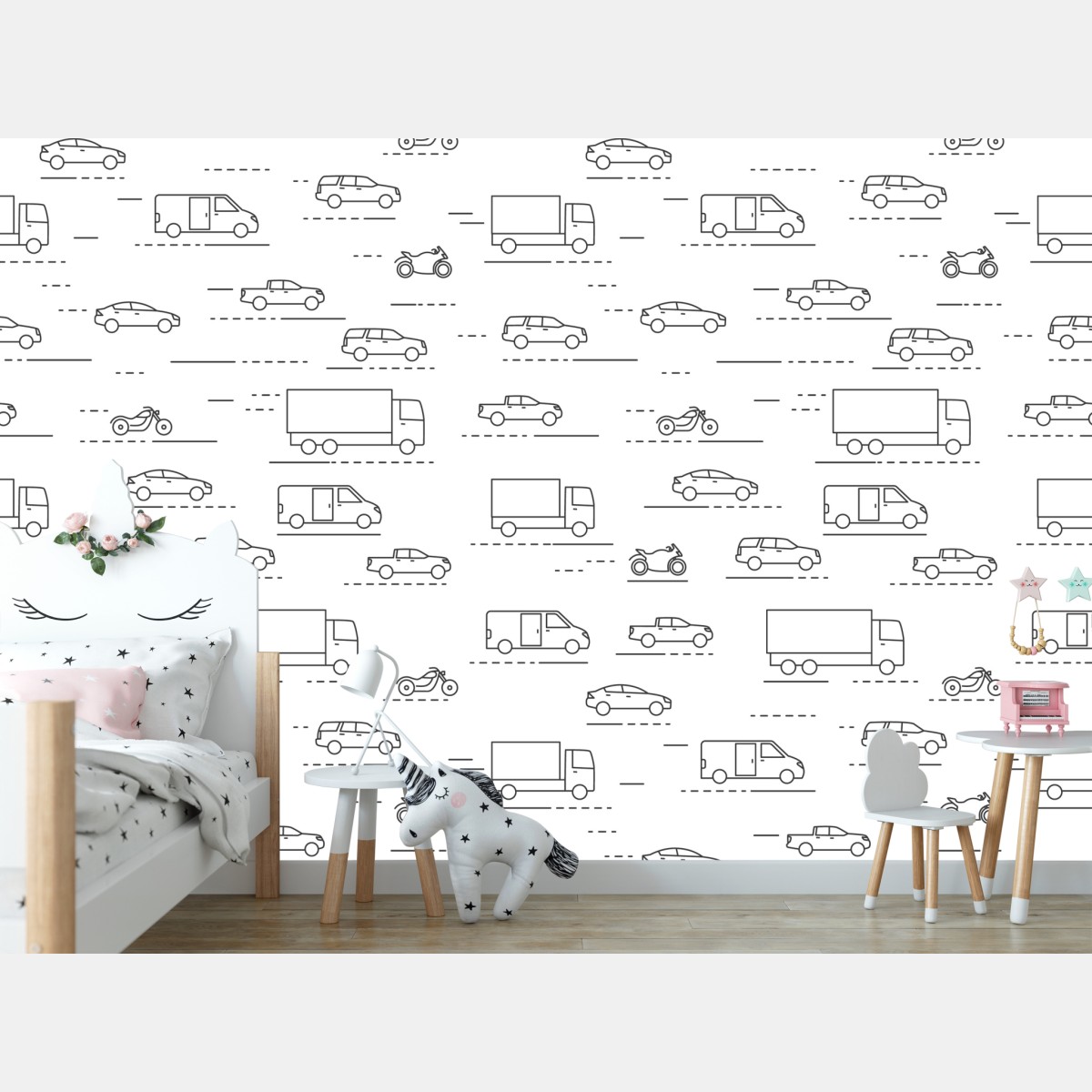 Wall mural monochrome vehicle pattern