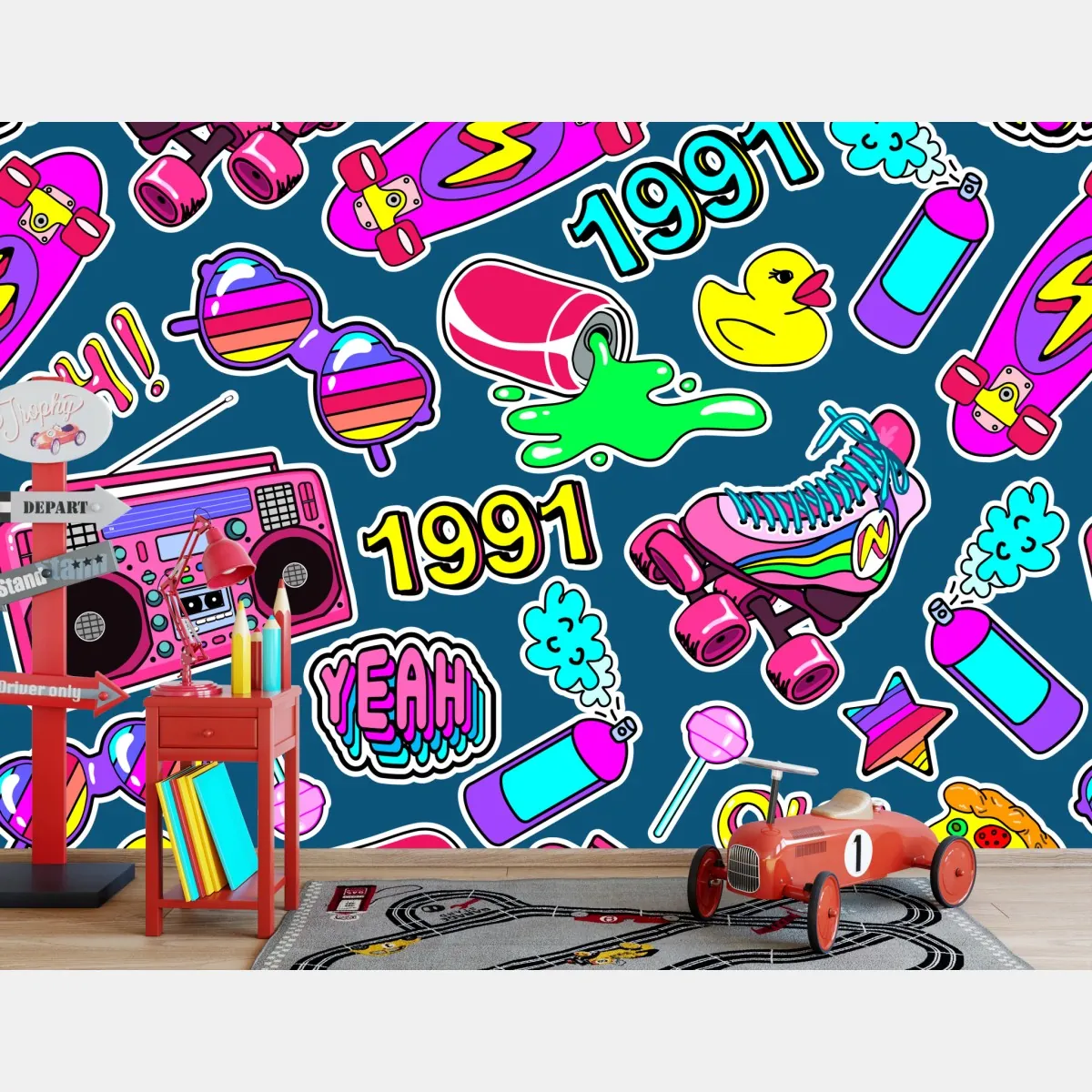 Fototapeta żywy kolaż naklejek w stylu lat 90 – Wallissimo® Fototapeta żywy kolaż naklejek w stylu lat 90 – Wallissimo®