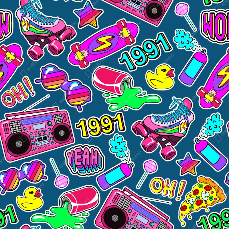 Fototapeta żywy kolaż naklejek w stylu lat 90 – Wallissimo® Fototapeta żywy kolaż naklejek w stylu lat 90 – Wallissimo®