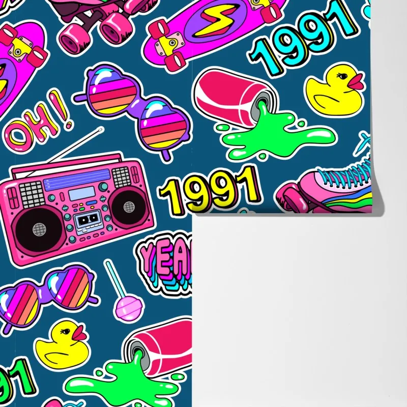 Fototapeta żywy kolaż naklejek w stylu lat 90 – Wallissimo® Fototapeta żywy kolaż naklejek w stylu lat 90 – Wallissimo®