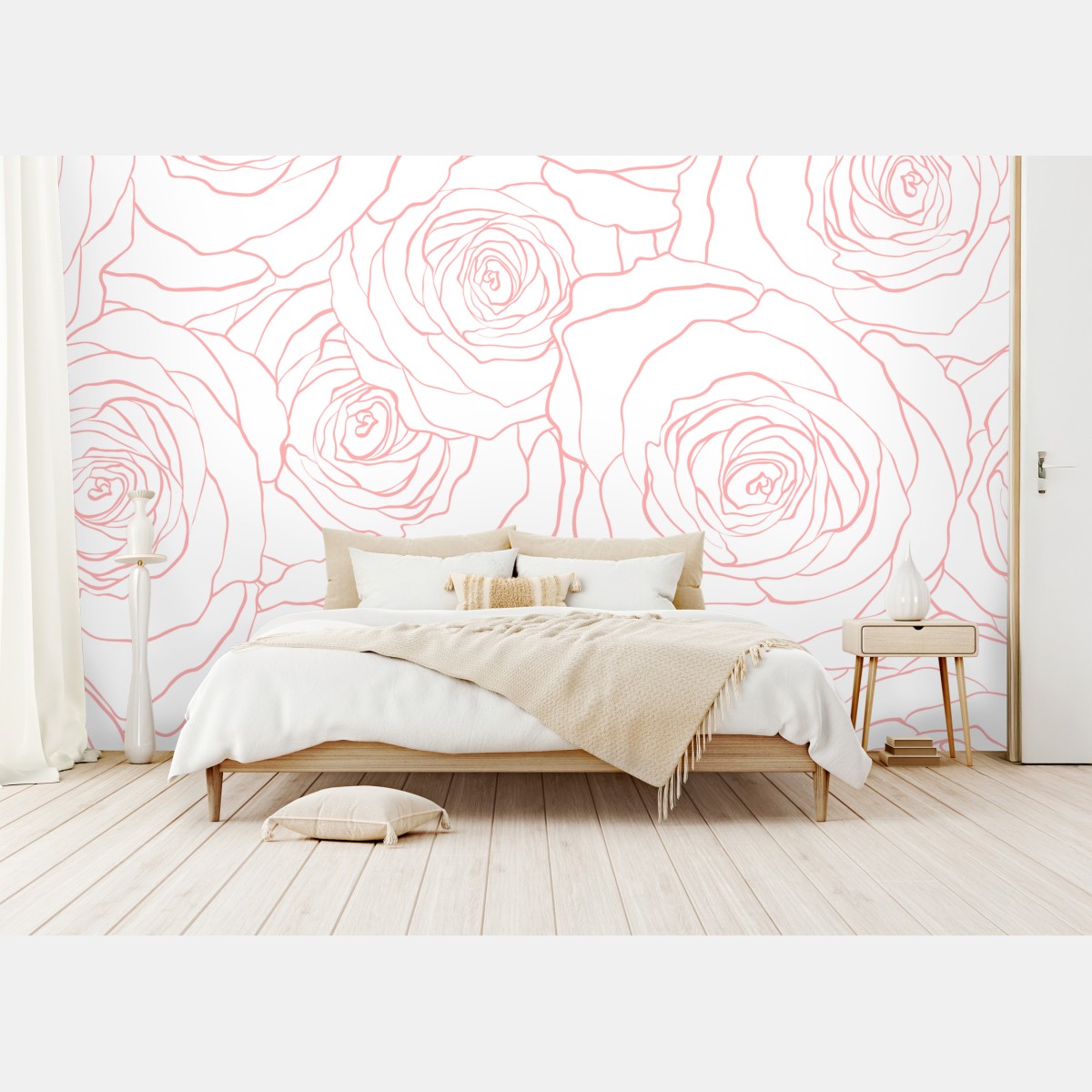 Wall mural delicate pink rose line pattern