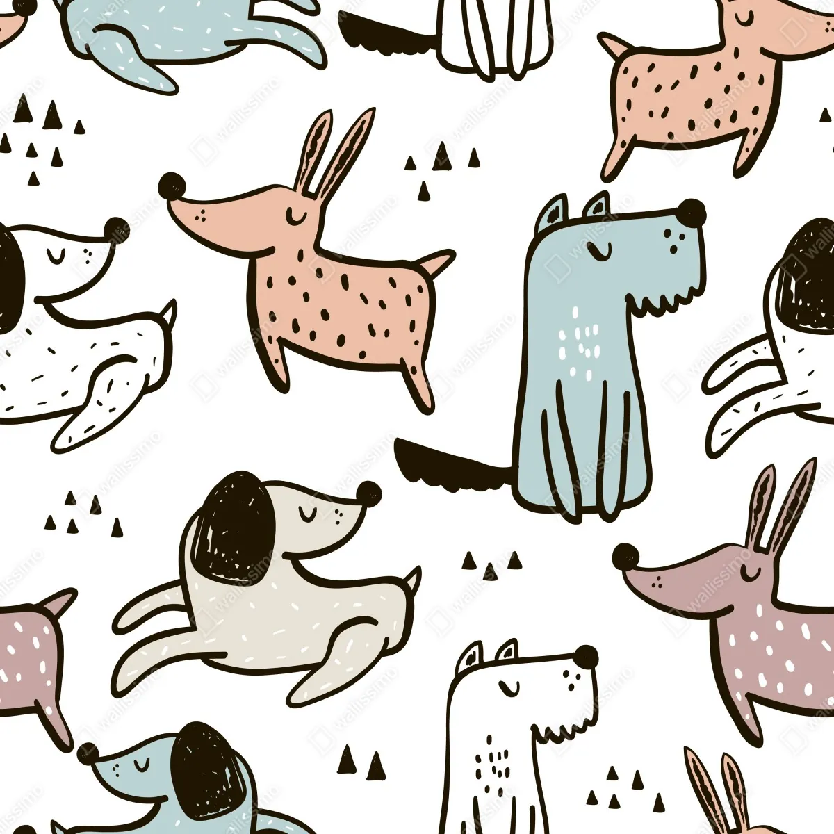 Fototapeta zabawny pastelowy wzór z psami – Wallissimo® Fototapeta zabawny pastelowy wzór z psami – Wallissimo®