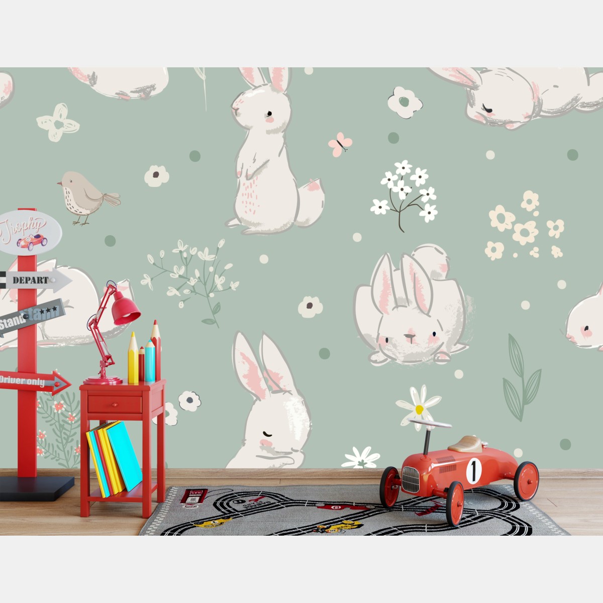 Wall mural pastel bunny nursery pattern