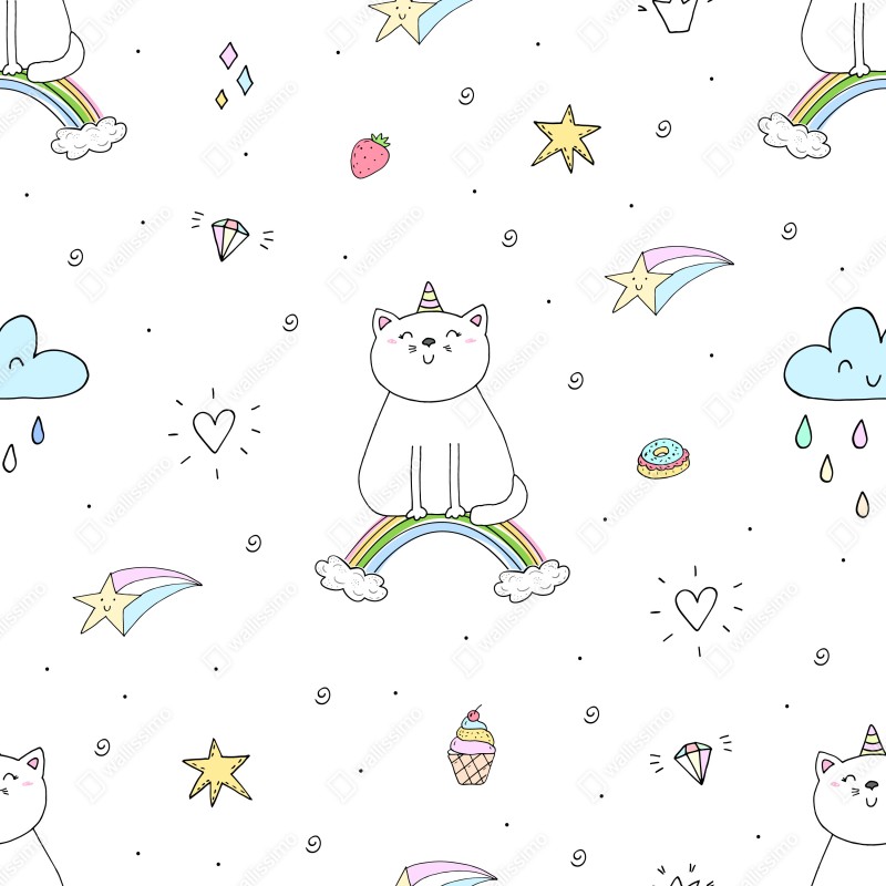 Fototapeta pastelowy kot jednorożec na tęczy – Wallissimo® Fototapeta pastelowy kot jednorożec na tęczy – Wallissimo®