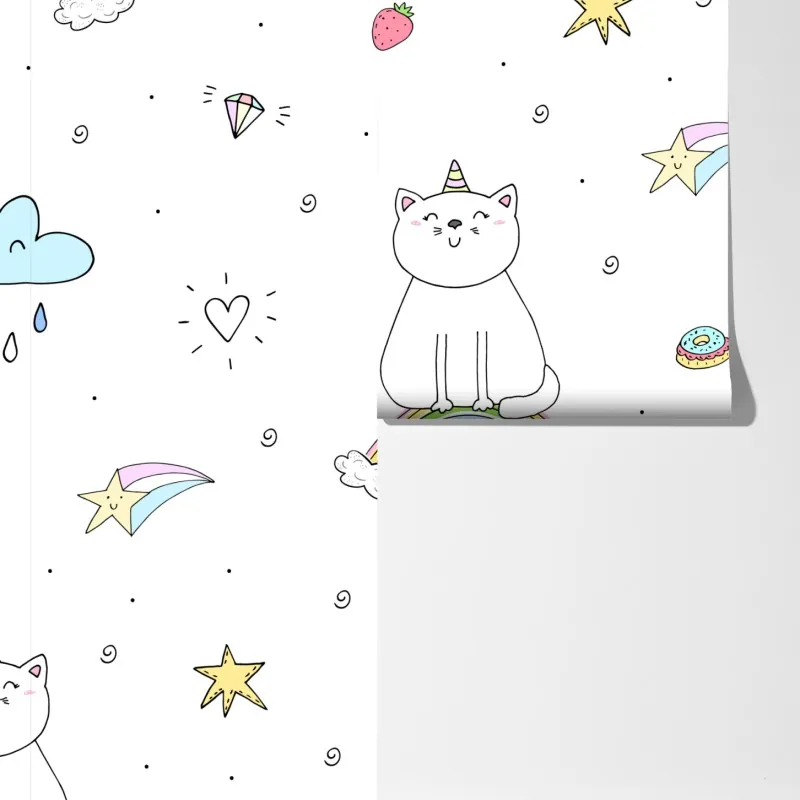 Fototapeta pastelowy kot jednorożec na tęczy – Wallissimo® Fototapeta pastelowy kot jednorożec na tęczy – Wallissimo®