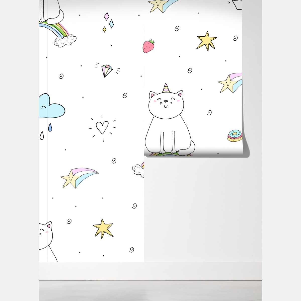 Fototapeta pastelowy kot jednorożec na tęczy – Wallissimo® Fototapeta pastelowy kot jednorożec na tęczy – Wallissimo®